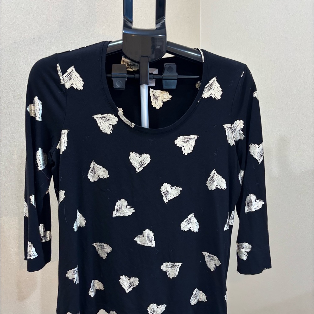 Chico's Black Top with White Heart Pattern